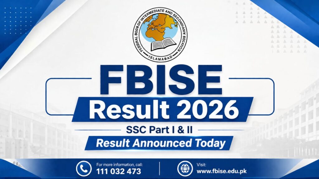 FBISE result 2026 checking guide showing website, SMS code, and gazette options