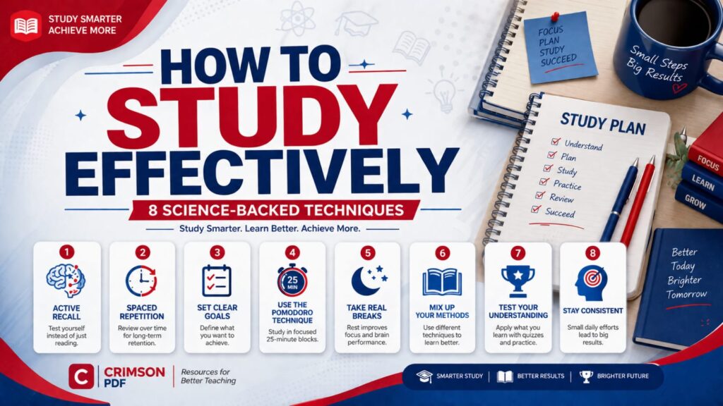 How to study effectively infographic showing 8 science-backed study techniques