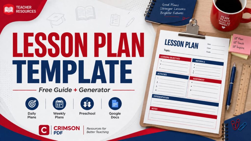Lesson plan template example showing objectives, materials, and assessment sections