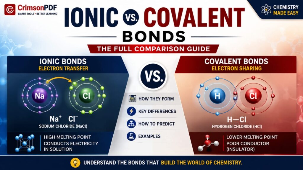 Ionic vs covalent bonds comparison chart showing electron transfer and sharing