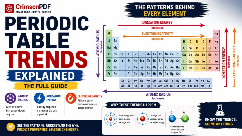Periodic table trends diagram showing atomic radius and electronegativity direction