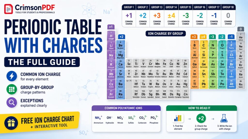 Periodic table with charges chart showing ion charge by group