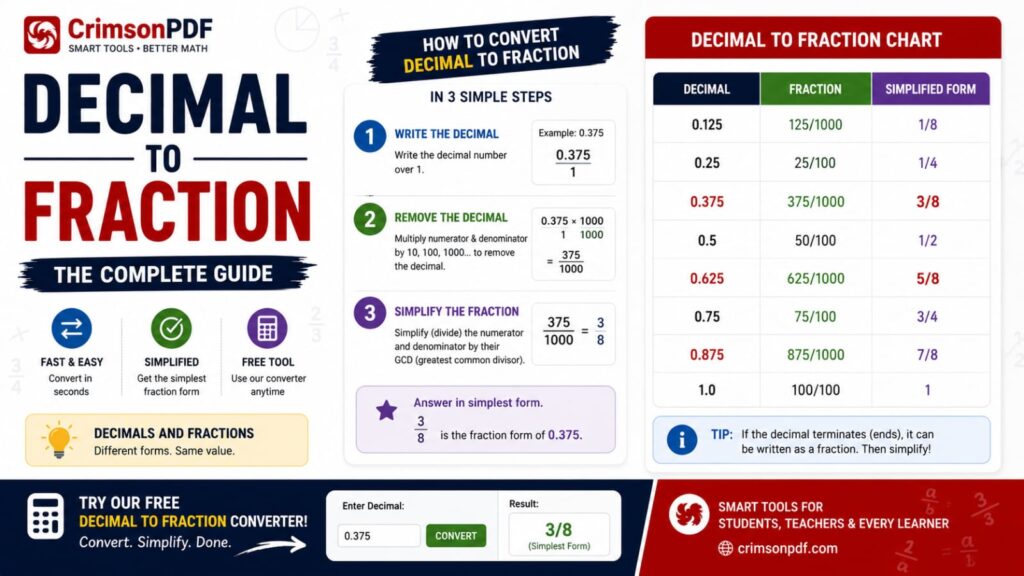 Decimal to fraction chart showing common conversions from .125 to .875