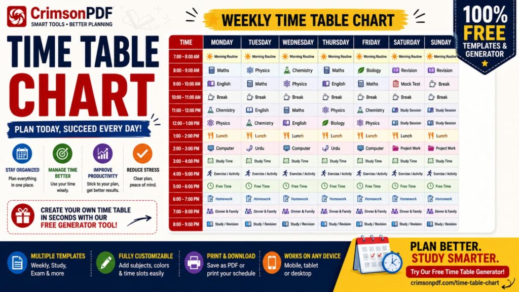 Weekly time table chart example showing classes and study blocks